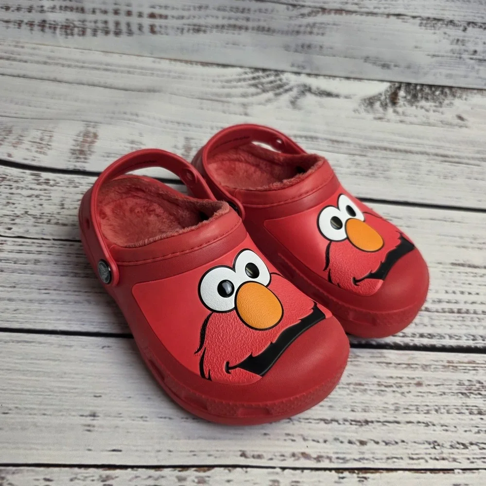 Crocs Juniors‎ Size 1 Red Elmo Face Slip On Plush Lined Clog Shoes Sesame Street